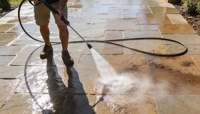 Pressure-washing stone patio pavers with high-pressure hose, sunny backyard cleaning action