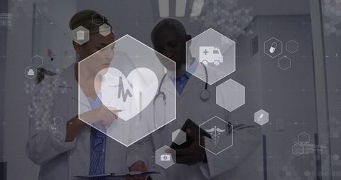 Doctors Analyzing Medical Data with Healthcare Technology Interface