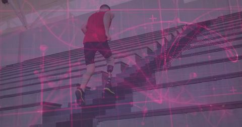 Prosthetic leg athlete climbing stairs with digital graphic