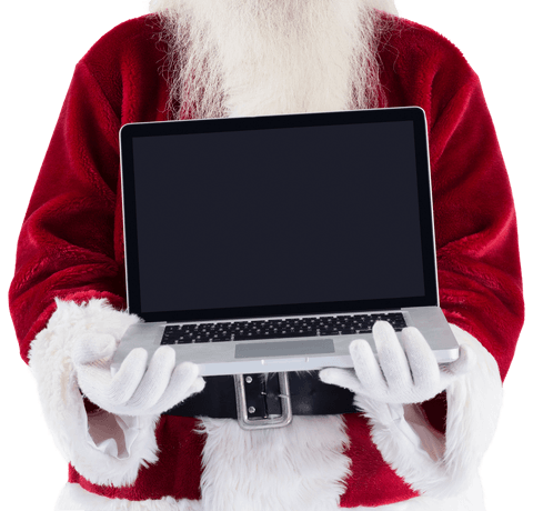 Festive Santa Claus Holding Transparent Laptop Screen