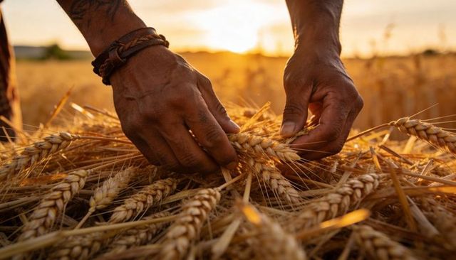 Hands gathering wheat heads at golden hour harvesting rustic farm grain close-up