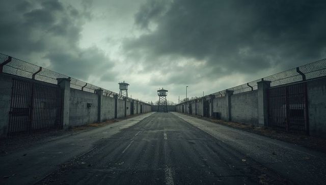 Dystopian Prison Road with Guard Towers