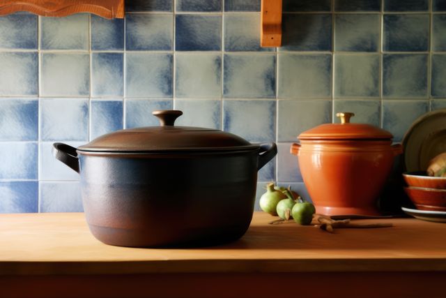 A cast iron pot sits on a wooden kitchen counter. Home cooking essentials are showcased, highlighting a cozy kitchen atmosphere.