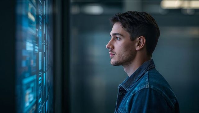 Young man analyzing vertical blue data display on interactive screen in lab corridor