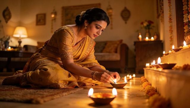 Woman lighting diyas for diwali in mustard saree placing clay lamps with marigold garlands