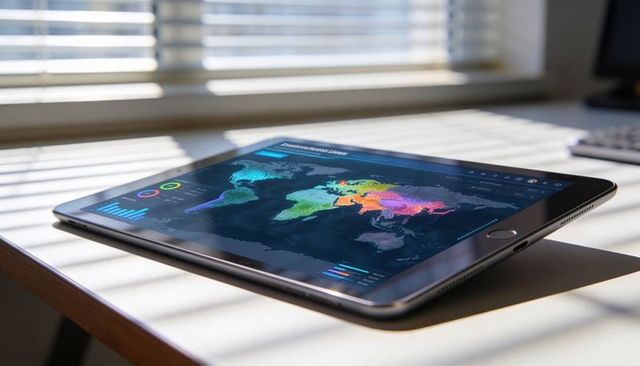Sunlit Tablet Displaying Colorful Global Analytics Dashboard with World Map Visualization