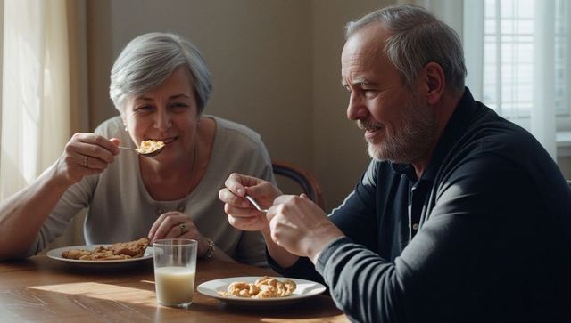 Senior couple sharing cookies and milk at sunlit wooden table, cozy home companionship