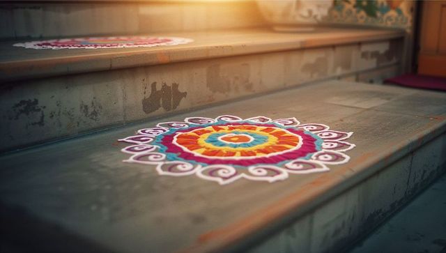 Colorful Rangoli on Sunlit Concrete Steps Offering Warm Welcome