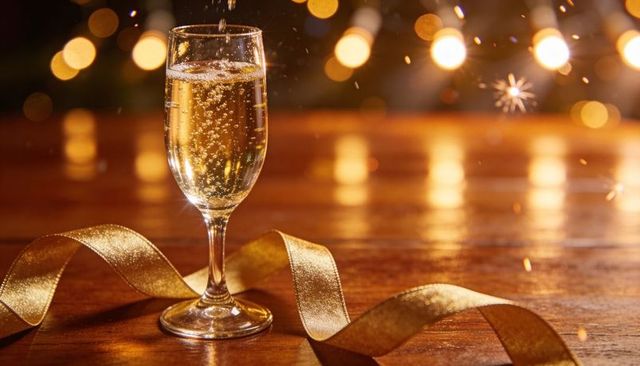 Champagne flute bubbling on polished wooden table with gold ribbon and warm bokeh glow
