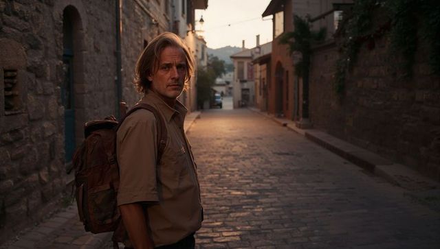 Solo Traveler Looking Back on Historic Cobblestone Street at Golden Hour with Backpack