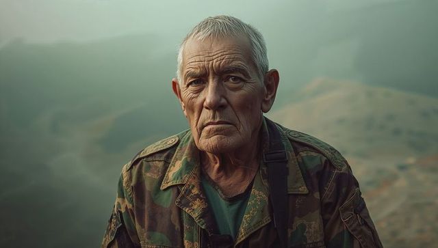 Senior male soldier in camouflage surveying scenic mountains]
