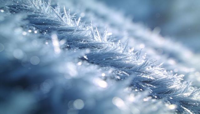 Macro frost crystals on braided stem sparkling in blue morning light, icy texture bokeh