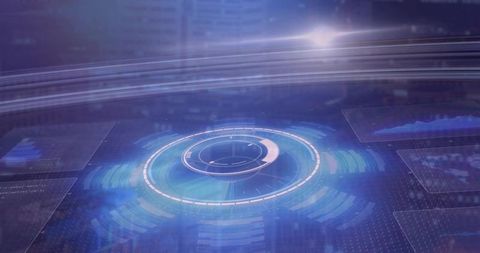 Futuristic Holographic Interface Rotating Circular HUD with Data Rings and Graph Panels
