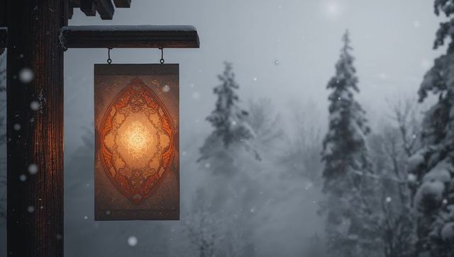 Glowing filigree lantern hanging from snowy wooden beam with warm amber glow