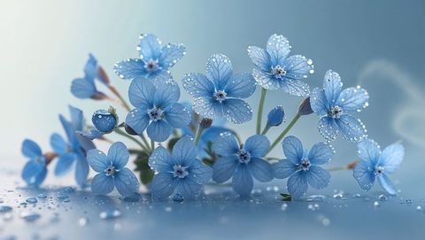 Serene blue forget me not petals with dew on glossy surface