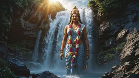 Serene South Asian Woman in Sari by Waterfall with Gold Jewelry