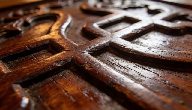 Ornate carved wooden panel close-up showing patina, handcrafted grooves, varnish highlights
