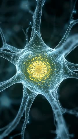 Translucent neuron core pulsing while sending signals along dendrites vertical 3D neural video