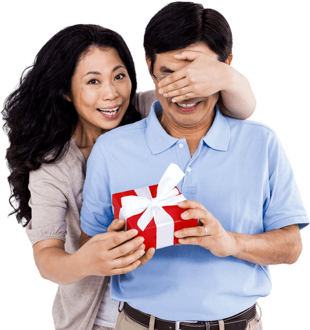 Loving couple sharing surprise gift on transparent background