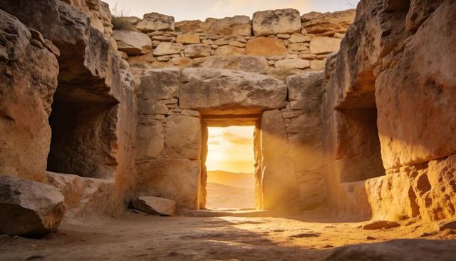 Ancient stone portal framing sunlit desert valley at golden hour with dusty light