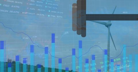 Wind turbine and financial charts showing renewable energy trends