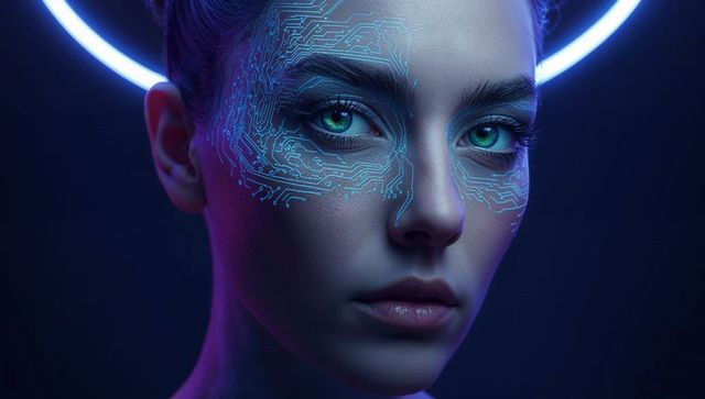 Futuristic cybernetic woman showcasing neon circuit face patterns and glowing halo ring