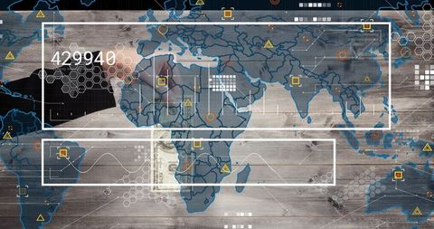 Displaying global finance dashboard over wooden world map with hex grid, data frames and code 429940