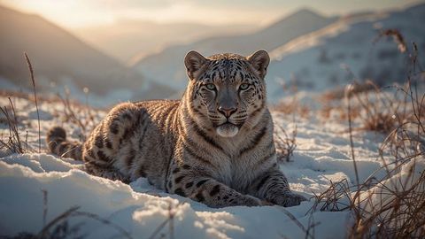 Majestic snow leopard at dusk on snowy mountain slope