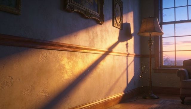 Sunset light casting long diagonal shadow from floor lamp across vintage plaster wall