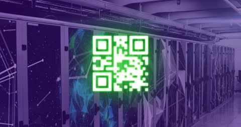 Neon QR Code Overlay on High-Tech Server Room