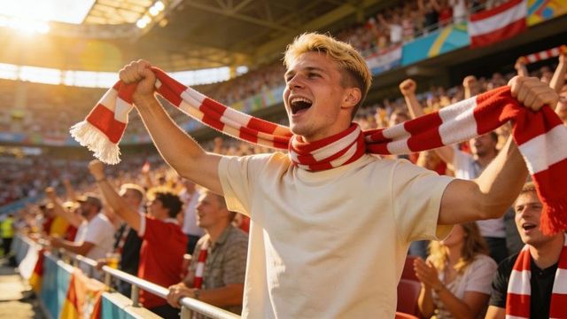 Young football fan cheering holding red-and-white scarf in sunlit stadium crowd