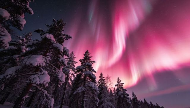 Northern lights dancing over snow-covered pine forest at night