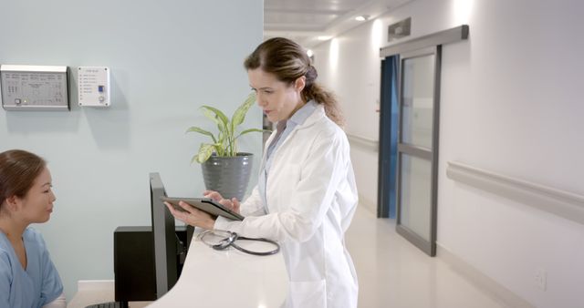 Female Doctor Using Digital Tablet at Hospital Reception Desk - Download Free Stock Photos Pikwizard.com