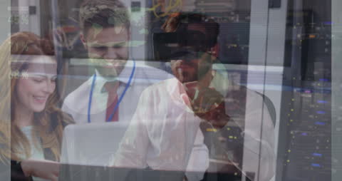 Professionals Analyzing Financial Data with Technology Interface