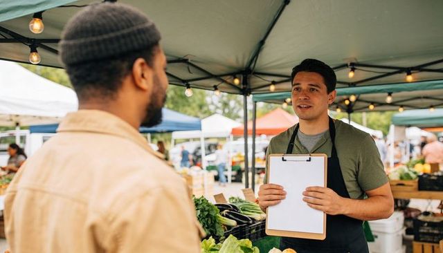 Vendor holding clipboard talking with customer at farmers market stall with fresh produce