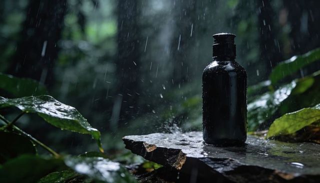 Matte black bottle catching rainfall on wet rock in lush rainforest with splash and mist