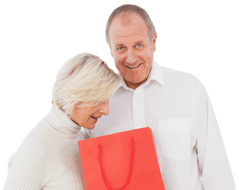 Happy Senior Couple Smiling with Gift on Transparent Background