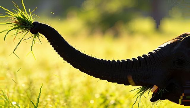 Extending elephant trunk holding green grass in backlit golden meadow