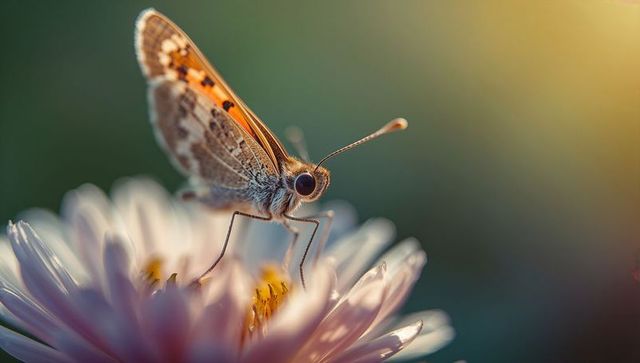 Perching orange-brown butterfly on pink daisy in golden light macro close-up
