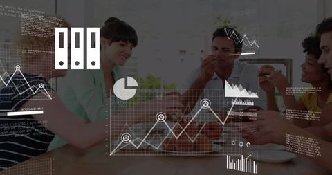 Diverse team sharing pastries while reviewing data dashboard and line charts