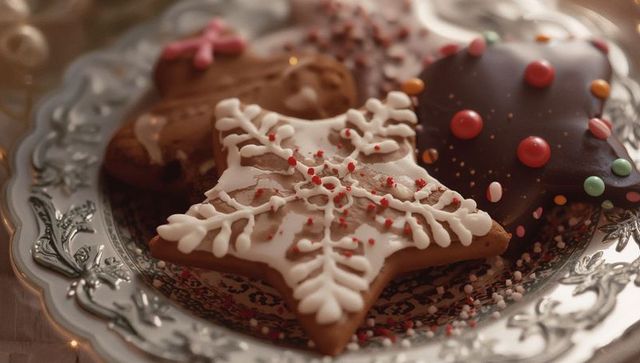 Festive Gingerbread with Snowflake Design on Elegant Silver Tray