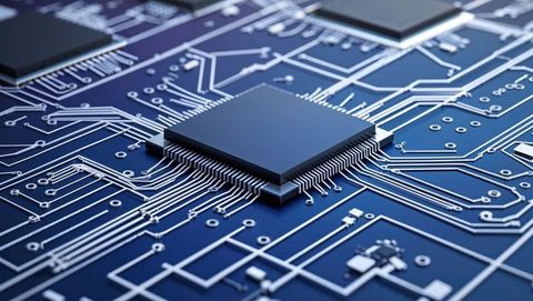 Central microprocessor chip on blue circuit board design