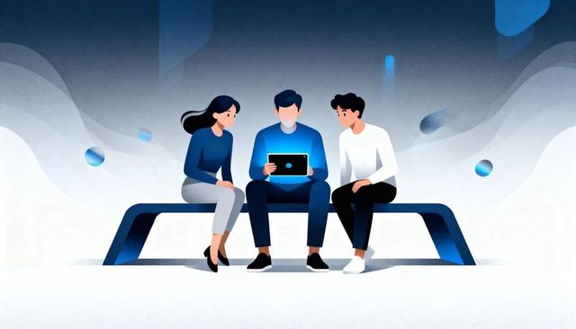 Three people sharing glowing tablet on modern curved bench, collaborating in digital lounge