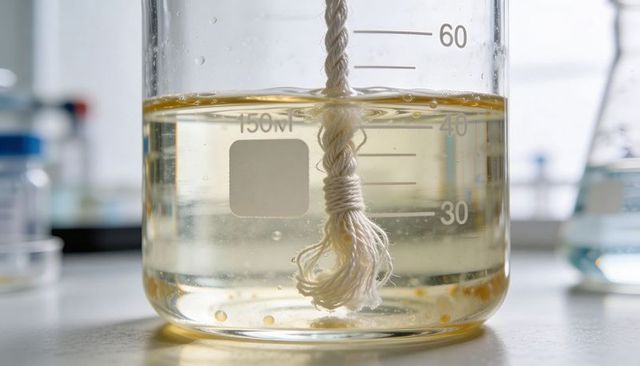 Cotton rope soaking in yellow solution in 150ml glass beaker showing bubbles and particles