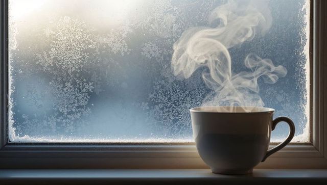 Steaming cup on frosted window sill with morning light and winter frost patterns