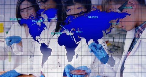 Laboratory team pipetting samples with global data overlay for bioscience collaboration