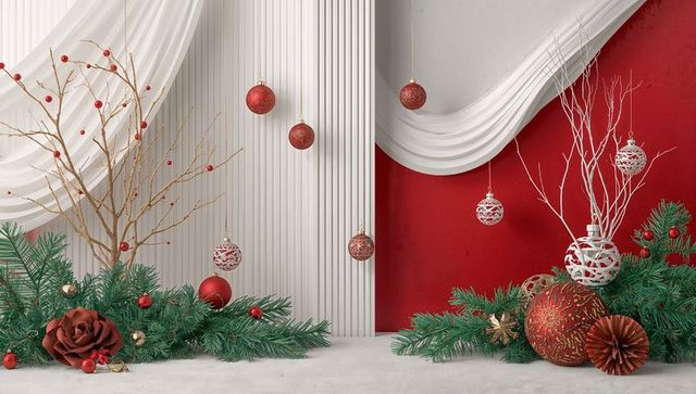 Festive tabletop with red gold baubles and evergreen garland