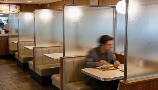 Solitary man eating at vinyl diner booth with frosted glass partitions and wood paneling