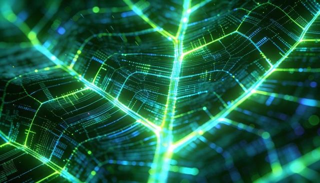 Glowing bio-circuit leaf network pulsing neon green macro tech futuristic background