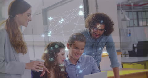 Digital Connection Network Overlaying Diverse Team Collaborating in Office